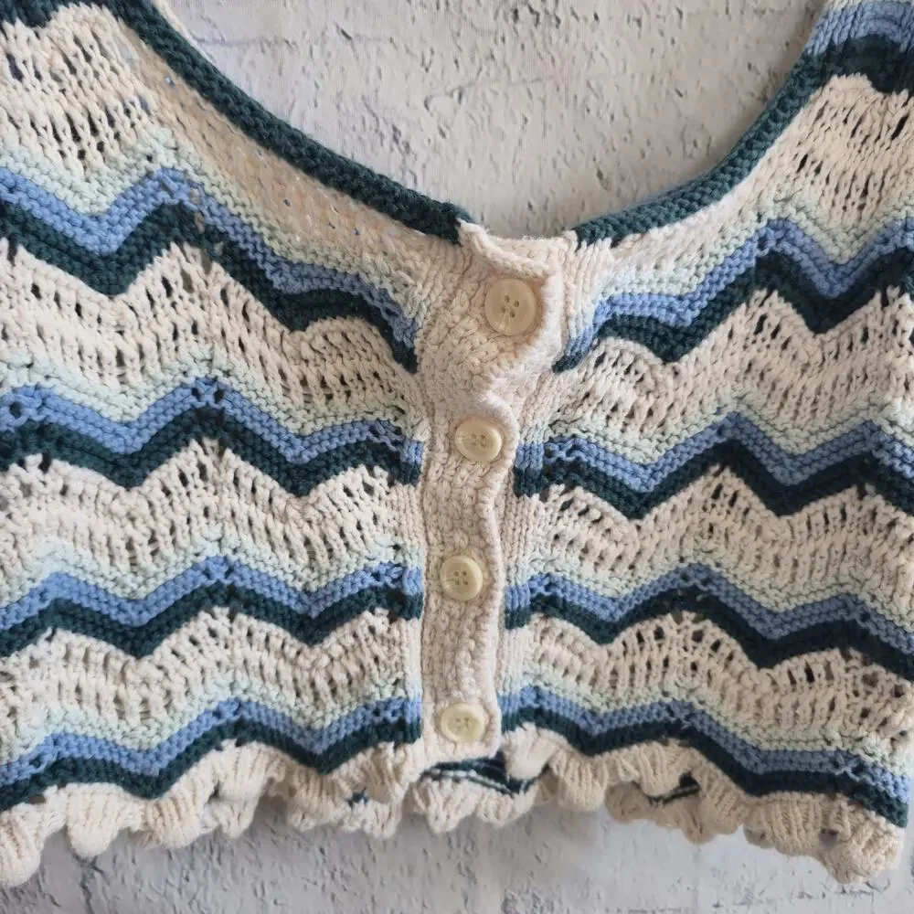 Zara Boho Blue And Cream Striped Crochet Knit Button Up Crop Top